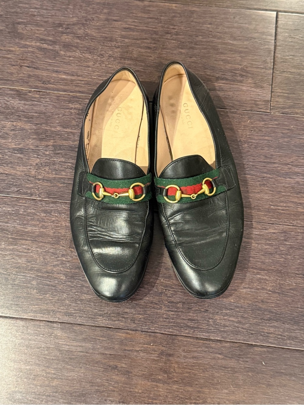 Gucci Black Leather Horsebit Loafers with Red & Green